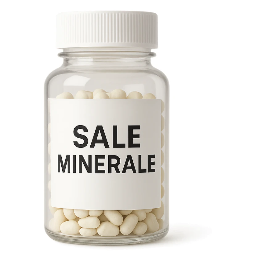 boccetta di integratore con la scritta "SALE MINERALE" SULL'ETICHETTA sticker