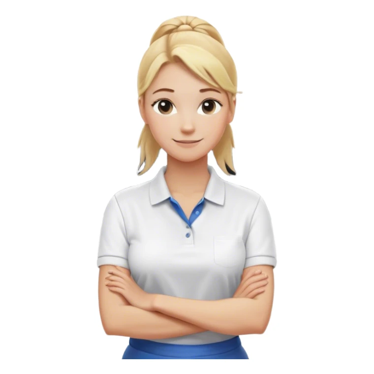 A friendly and professional laundry worker with blonde hair tied back in a casual ponytail. She wears a clean white polo shirt and stands confidently with her arms crossed in front of an industrial washing machine. Her warm smile conveys a welcoming and approachable demeanor. sticker