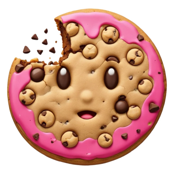 bitten chocolate chip cookie, visible crumbs, bright simple emoji style sticker