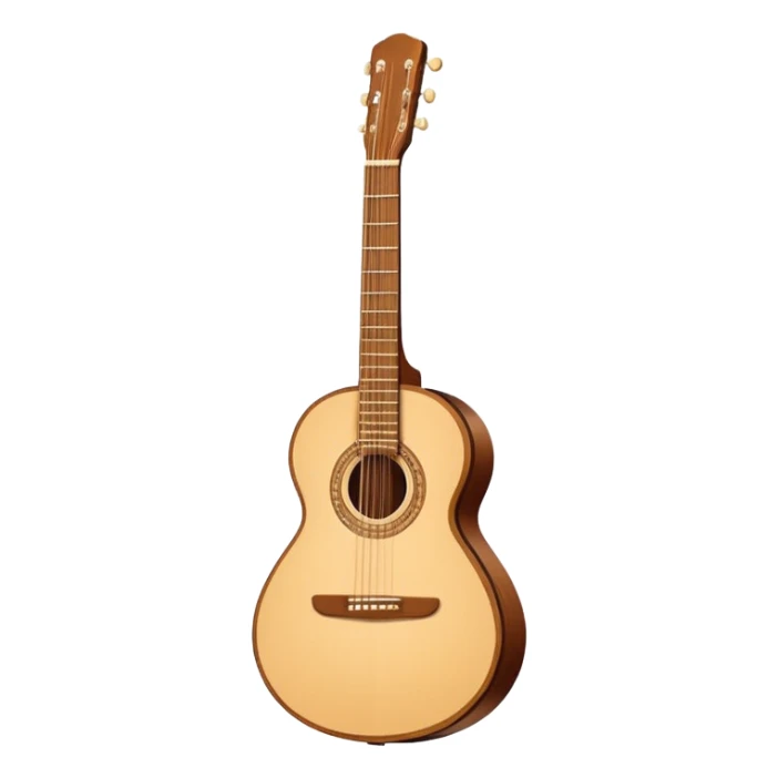 “Flat vector icon of a Cuban tres guitar in three-quarter view, warm brown wood, thick dark outline, minimal details, centered on a soft warm cream or beige rounded-square (or circle) background; outside that shape everything is transparent. High resolution PNG.” sticker