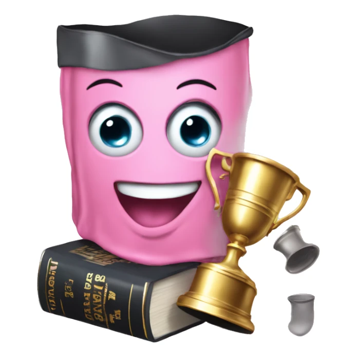 Happy face with tears in eyes and a pink bow holding a Stanley cup and book sticker