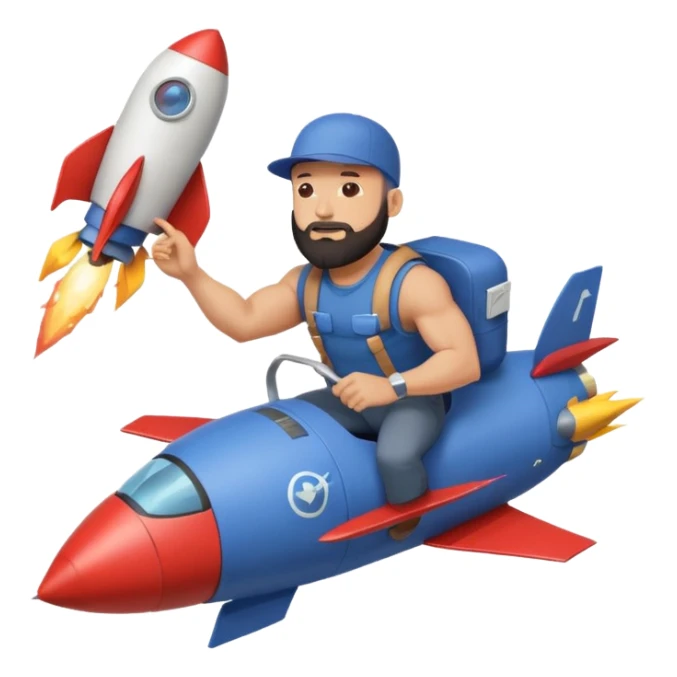 Bald muscular guy with beard and backwards cap, riding rocket, holding Instagram logo, papers trailing behind, minimal style sticker