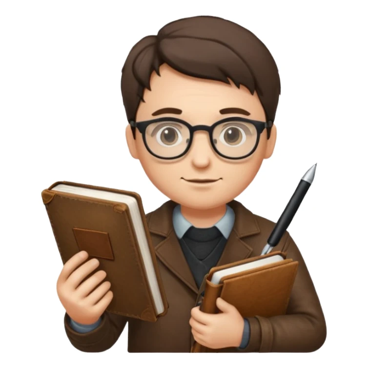 writer holding pen in hand and closed book in other hand, wearing glasses sticker