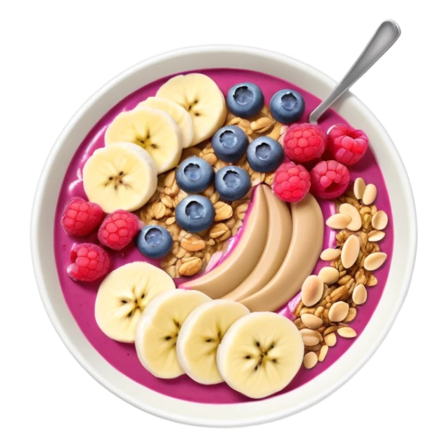 smoothie bowl with bananas, raspberries, blueberries, granola and peanut butter sticker