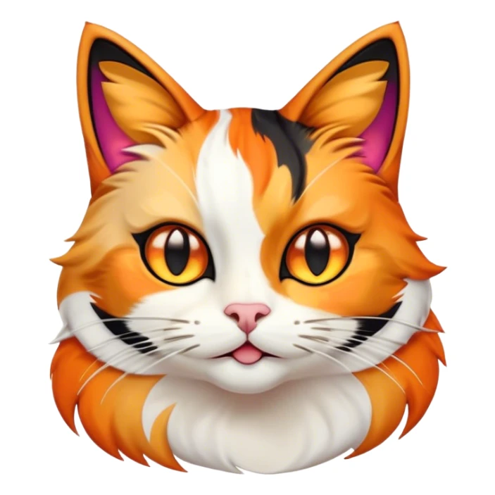 Cinematic Comical Calico Cat Portrait Emoji, Head tilted dramatically with an exaggeratedly surprised expression, showcasing a vibrant patchwork fur of orange, black, and white with wide, comically expressive eyes, simplified yet hilariously detailed, glowing with a sassy, golden radiance, high shine, exuding playful mischief and cheeky feline attitude, styled with a soft glowing outline, capturing the essence of a calico cat that looks ready to leap off the screen with mischievous flair! sticker