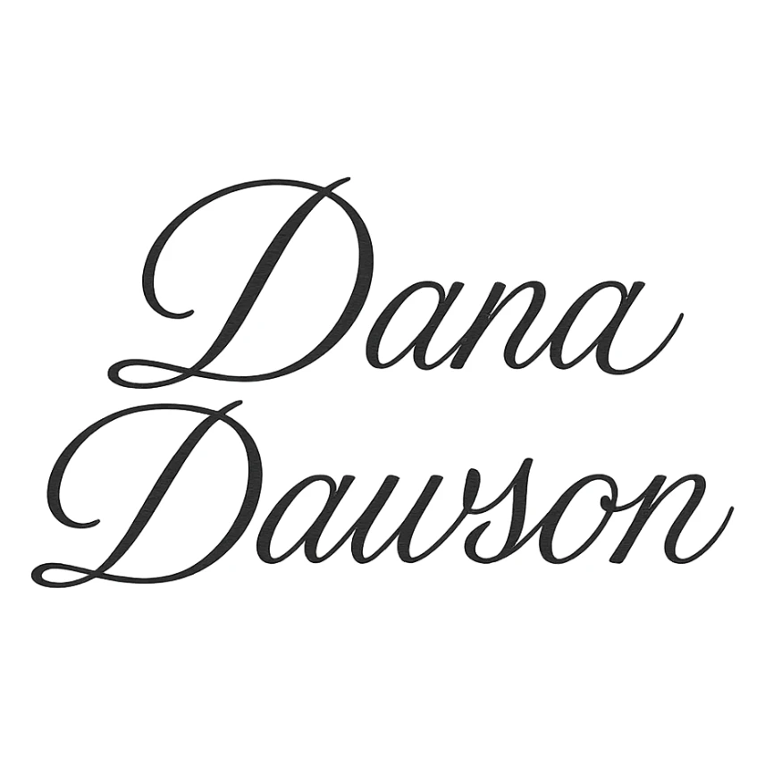 elegant script wordmark of 'Dana Dawson', flowing cursive, minimal, black and white sticker