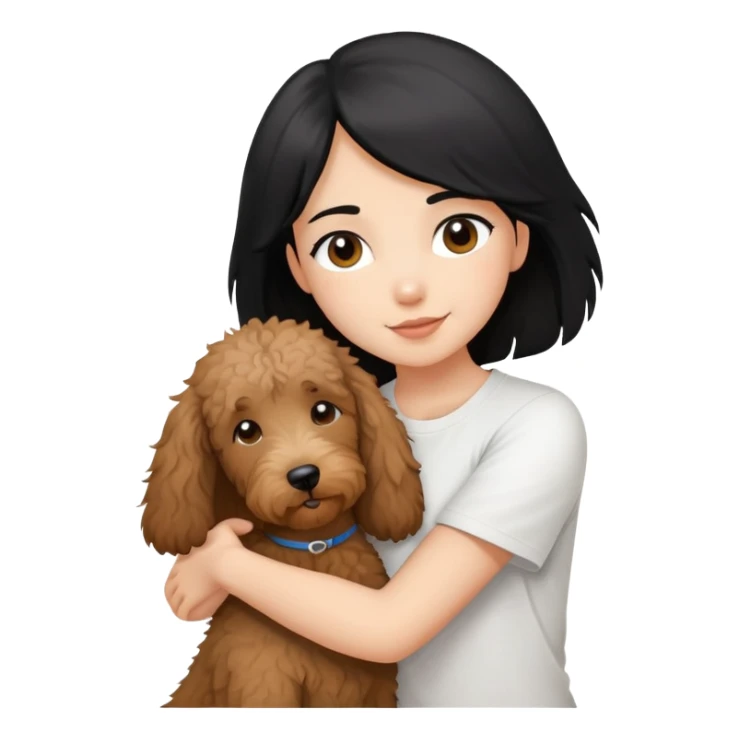 One girl with medium long black hair dressing white T-shirt, hugging One little brown coated labradoodle. sticker