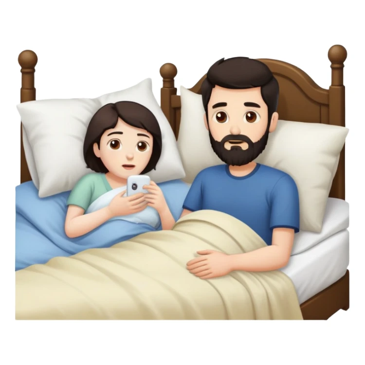 Younger man with dark hair beard and older woman sick sticker