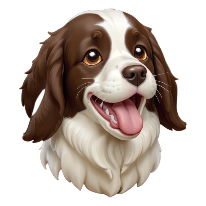 Cinematic Cute Yawning Springer Spaniel Portrait Emoji, Head tilted slightly with a dramatic, wide-open yawn, showcasing a smooth Fur of liver and white with crisp markings, floppy ears slightly drooping, round brown eyes barely open in drowsy contentment, Simplified yet irresistibly adorable features, highly detailed, glowing with a soft, cozy glow, high shine, relaxed yet expressive, stylized with a touch of whimsy, bright and endearing, soft glowing outline, capturing the essence of a sleepy yet affectionate companion, so drowsy it feels like it could stretch right out of the screen and curl up for a nap! sticker