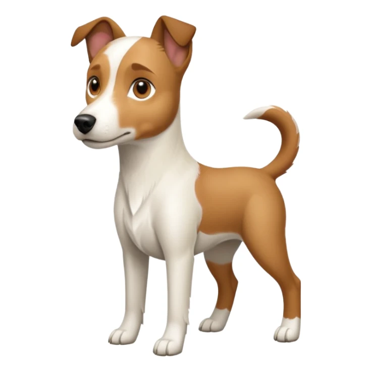 a full body white parson russell looking dog the size of a kelpie with light brown ears and a light brown patch on one eye and a large snout sticker