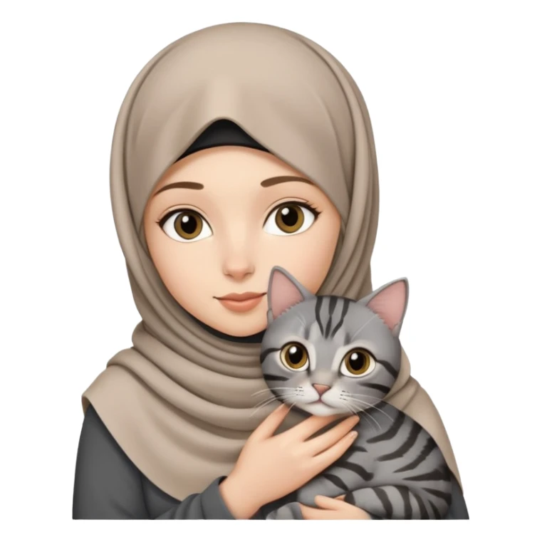 White girl wearing hijab holding a black grey tabby cat sticker