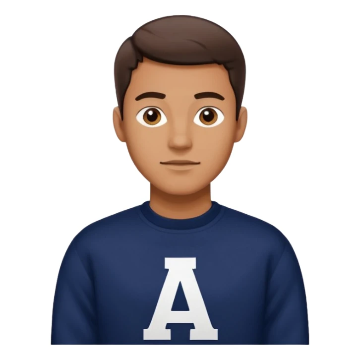man wearing a dark navy sweater with a giant white letter A on the upper right of the chest in collegiate font sticker
