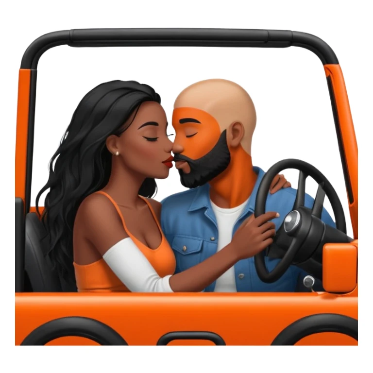 intimate moment between lovers, JetSetFly, photo Realistic Couple, black women with long black balayage hair & kissing bald white muscular man with orange face hair and beard in a red Jeep Wrangler  sticker