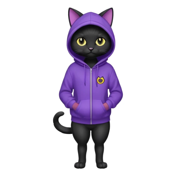 Black cat wearing a violet hoodie fursona (full body) sticker