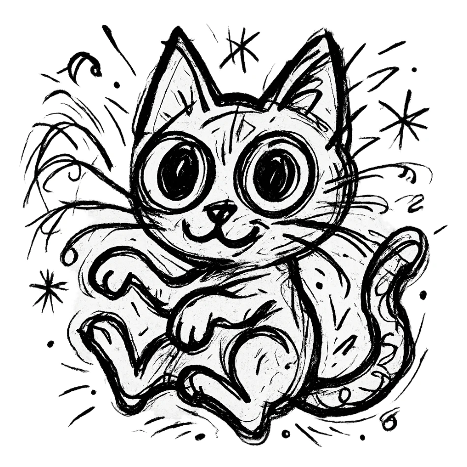 chaotic outlined icon of a cute cat with big eyes and a playful pose sticker