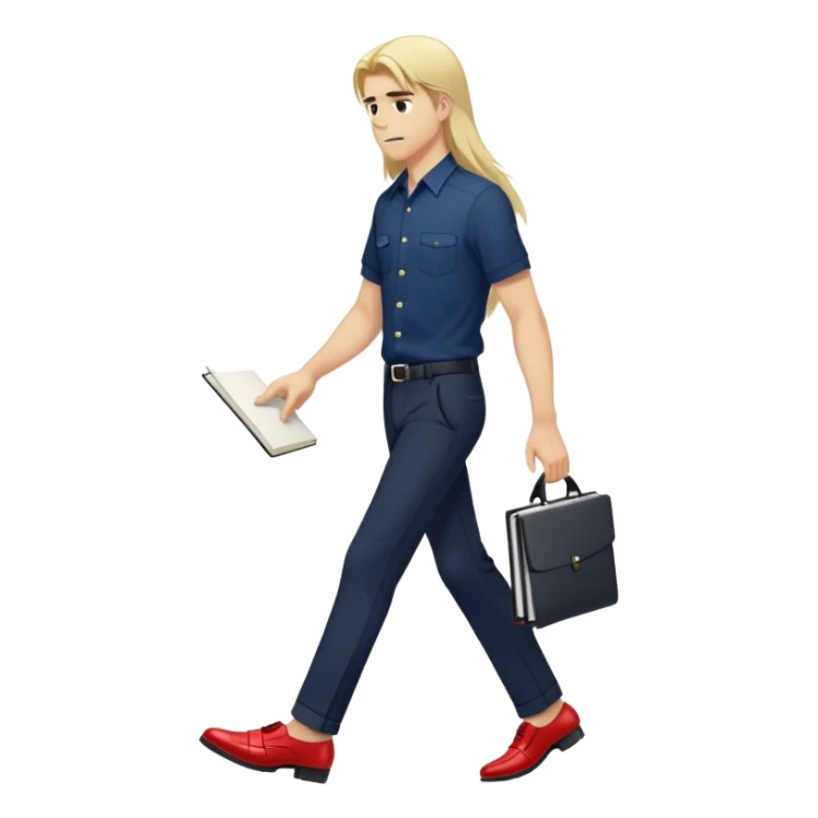 Guy with super long straight blonde hair wearing a short sleeve navy button up untucked black pants red shoes walking holding a notebook sticker