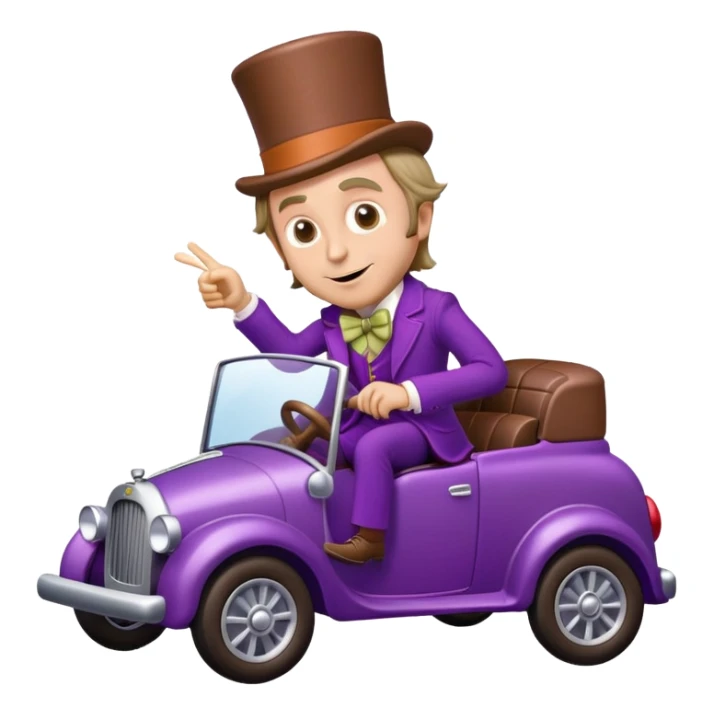 Willy Wonka driving a fancy chocolate car sticker