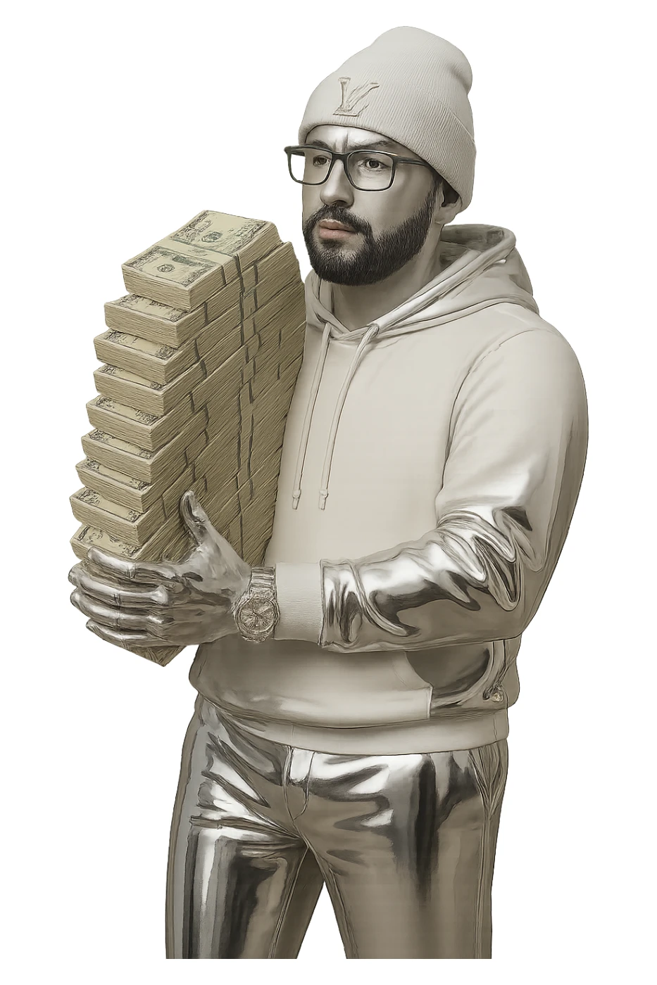 Remove the background, making it transparent. Keep all previous changes: person with white skin tone, black goatee and facial hair, white hoodie, white sweats, white Louis Vuitton beanie, Cartier glasses, realistic money, everything else chrome, AMG in the background. sticker