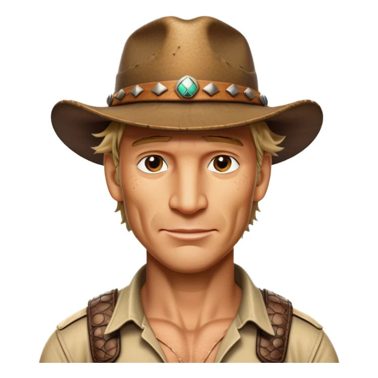 Cinematic Realistic Crocodile Dundee Pop Culture Emoji, depicted with rugged charm and adventurous spirit rendered with lifelike detail and cinematic lighting. sticker