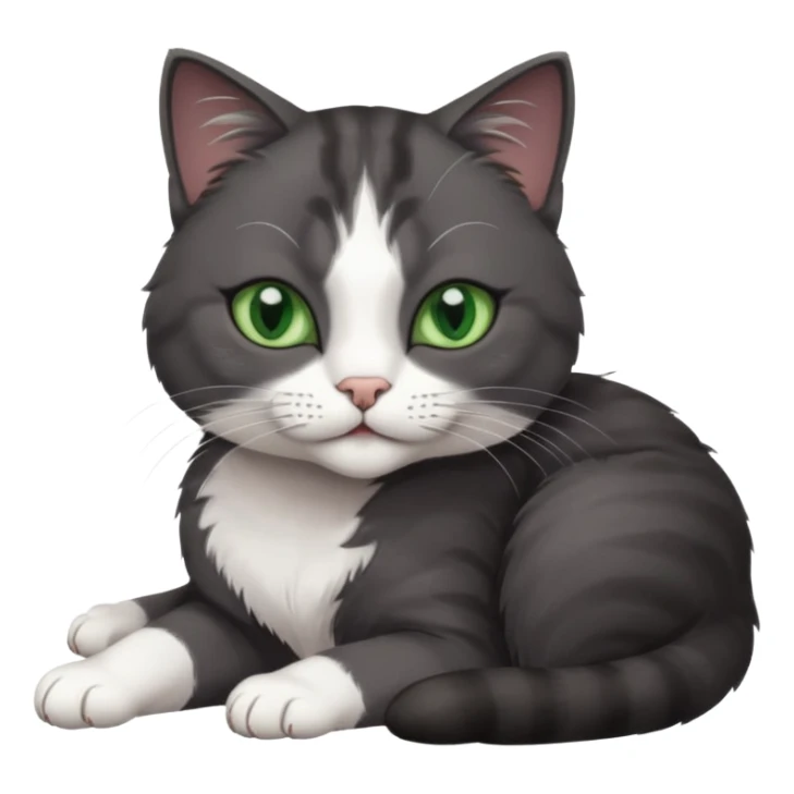 beautiful female solid dark grey cat with green eyes, white toes/paws and white patch on her chest lying down sticker