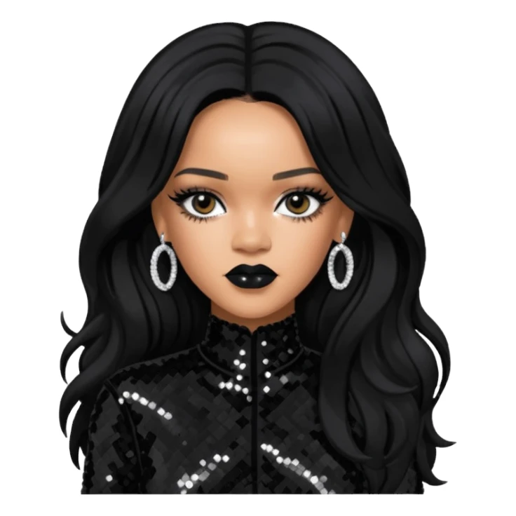 Rihanna with long jet black hair, black sequin outfit sticker