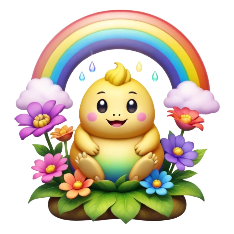 3D, Kawaii derpy fat rainbow monster sitting in a magical rainbow hued flower, rich textures, visually detailed, so lifelike that it feels like it could leap off the page at any moment sticker