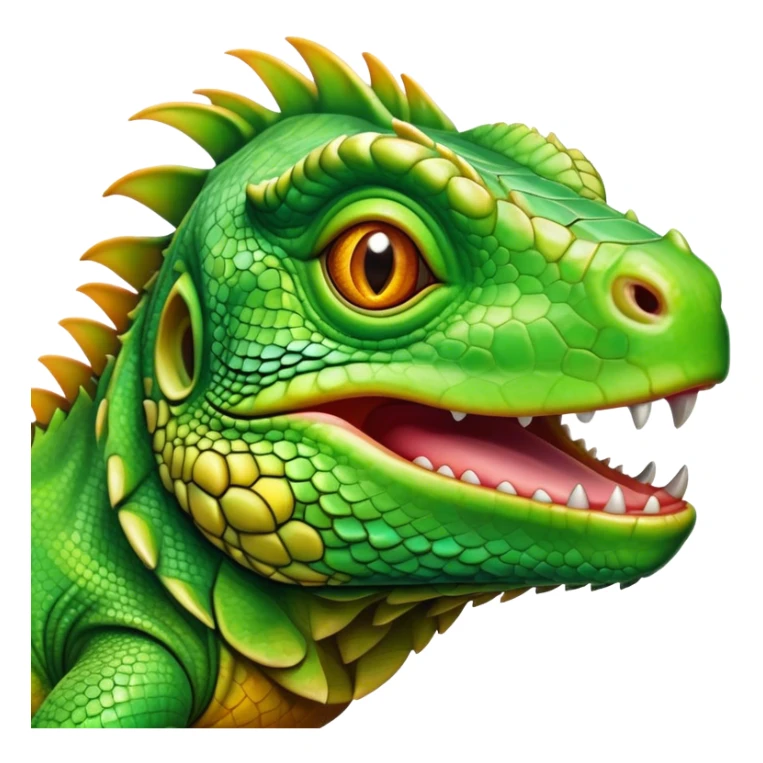 Cinematic Realistic Comical Iguana Portrait Emoji, Head tilted dramatically with an exaggeratedly amused expression, featuring a striking, glossy green-scaled body with bold natural textures and wide, expressive amber eyes brimming with playful disbelief, rendered with lifelike clarity and vibrant hues, high shine, dramatic yet playful, styled with an air of cheeky tropical mischief, soft glowing outline, capturing the essence of a spirited and over‐the‐top iguana that looks ready to charm its way into viral fame! sticker