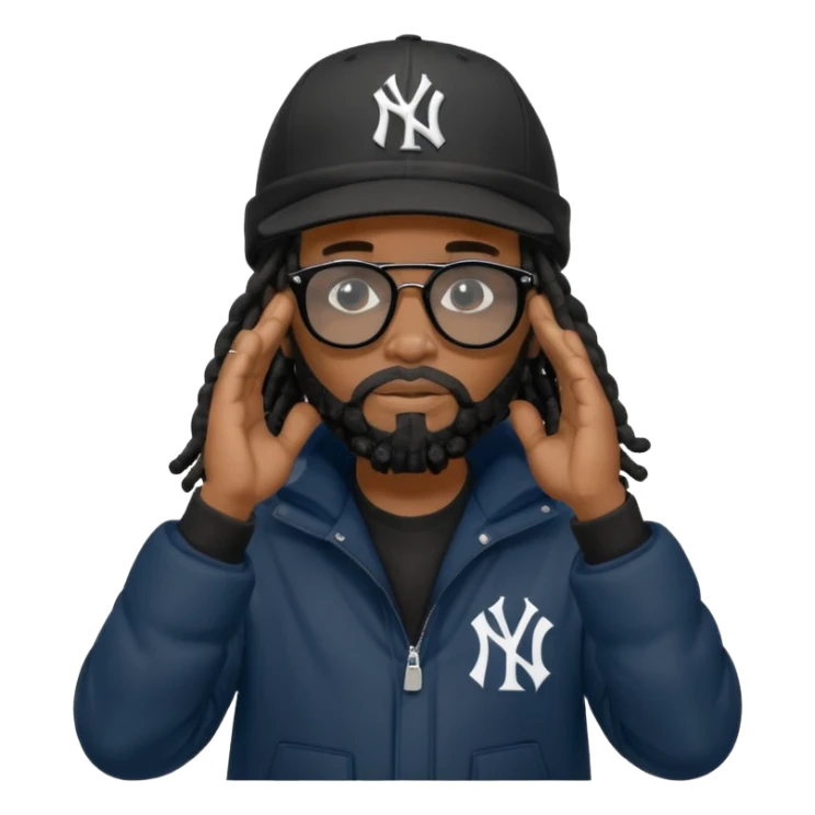 African American man with shoulder length black dreadlocks with black beard wearing black sunglasses with black bubble winter coat wearing a New York Yankees baseball hat with his hands on top of head in thinking position sticker