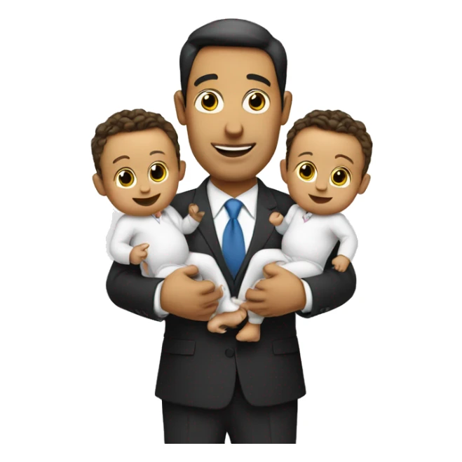 a businessman holding two babies, one in each arm. He has dollar signs in his eyes sticker