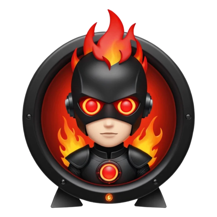 Head: A black KLIPSCH RP-8000F speaker, often represented with a red center or speaker cone.
Core: A small, bright glowing cherry-red circle representing his core.
Body & Armor: Primarily black armor plating with bright red accents or flames. sticker