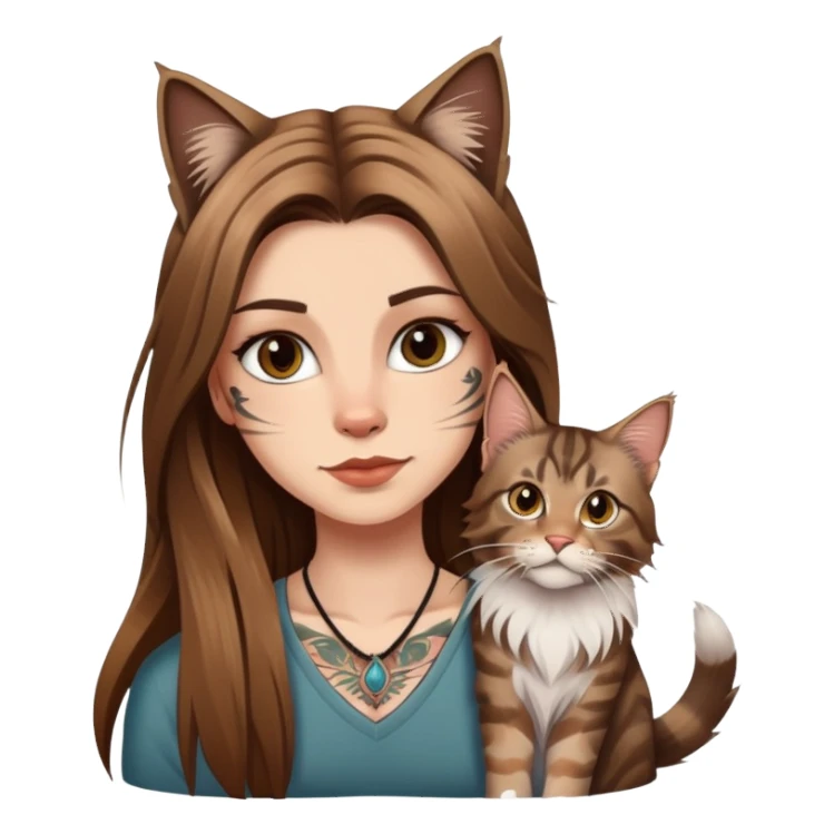 white girl with long brown  straight hair and tattoos and a tabby Maine coon cat sticker