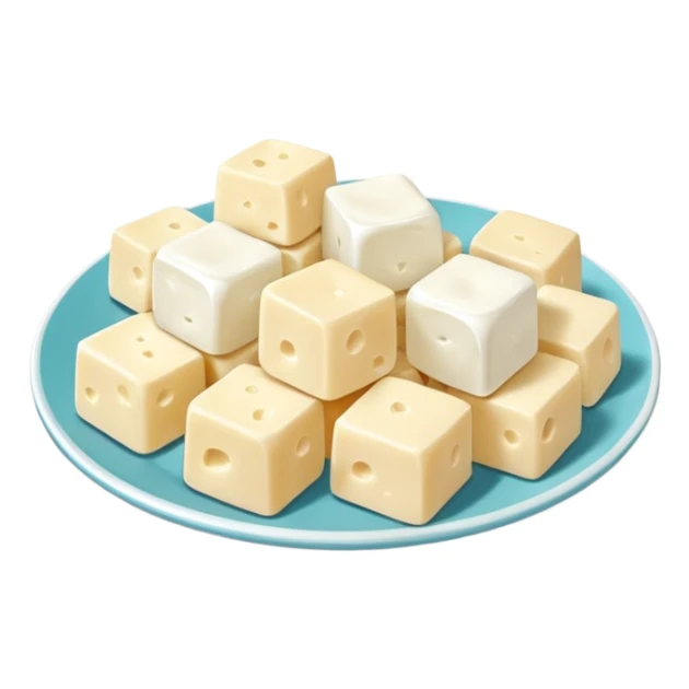 feta cheese cubes object icon, white cheese pieces on a small plate, 3D cartoon, mobile game icon style, clean background, no text, no watermark
 sticker