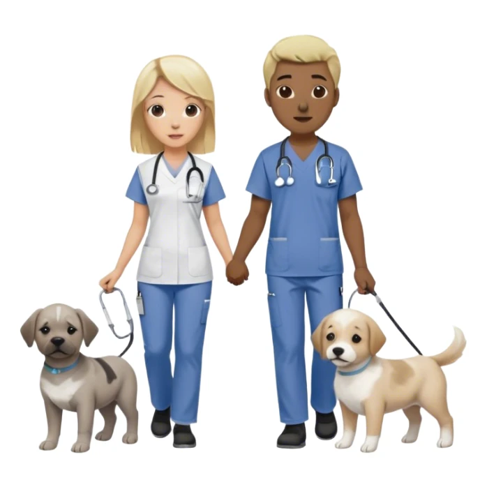Blond white girl wearing nursing scrubs with 1 dog medium size white and gray and 1 dog large brindle and white with a black guy and their baby on a walk sticker