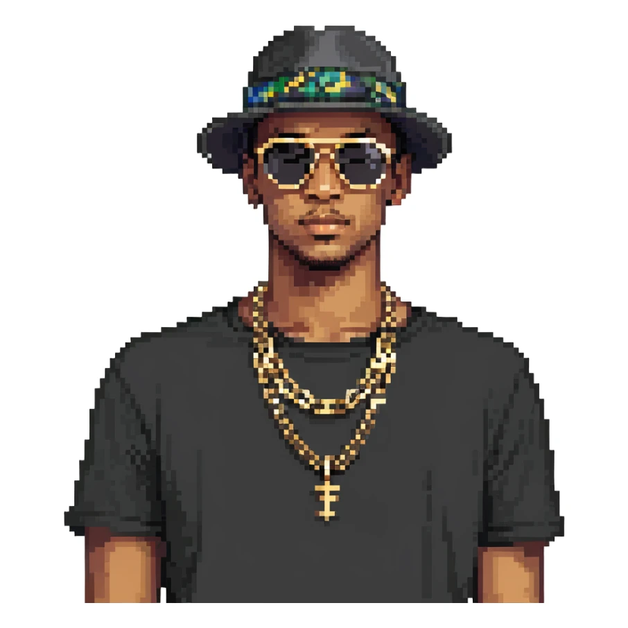 man with black sunglasses, black hat, and gold chain sticker