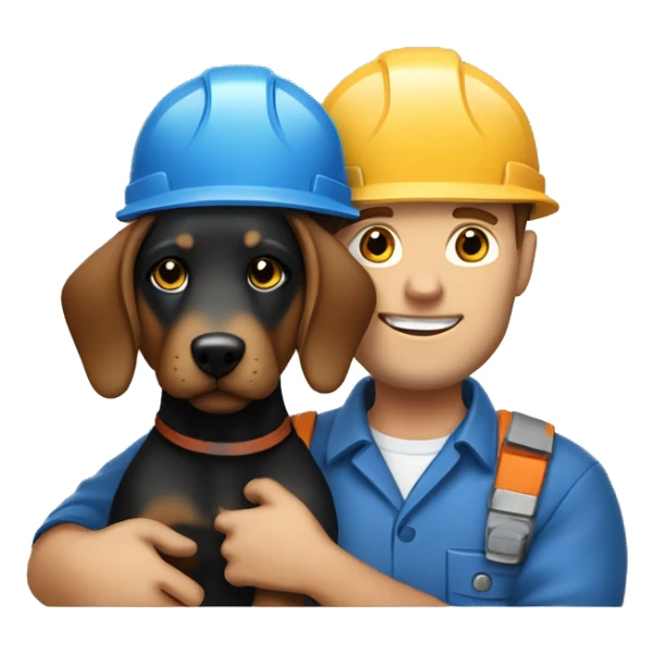 Bold white male construction worker wearing a hat and blue work wear Holding a little black and Brown dog on his arm sticker