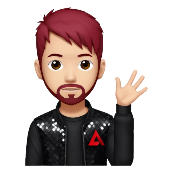 Mike Shinoda from Linkin Park with dark red hair, black sequin outfit sticker