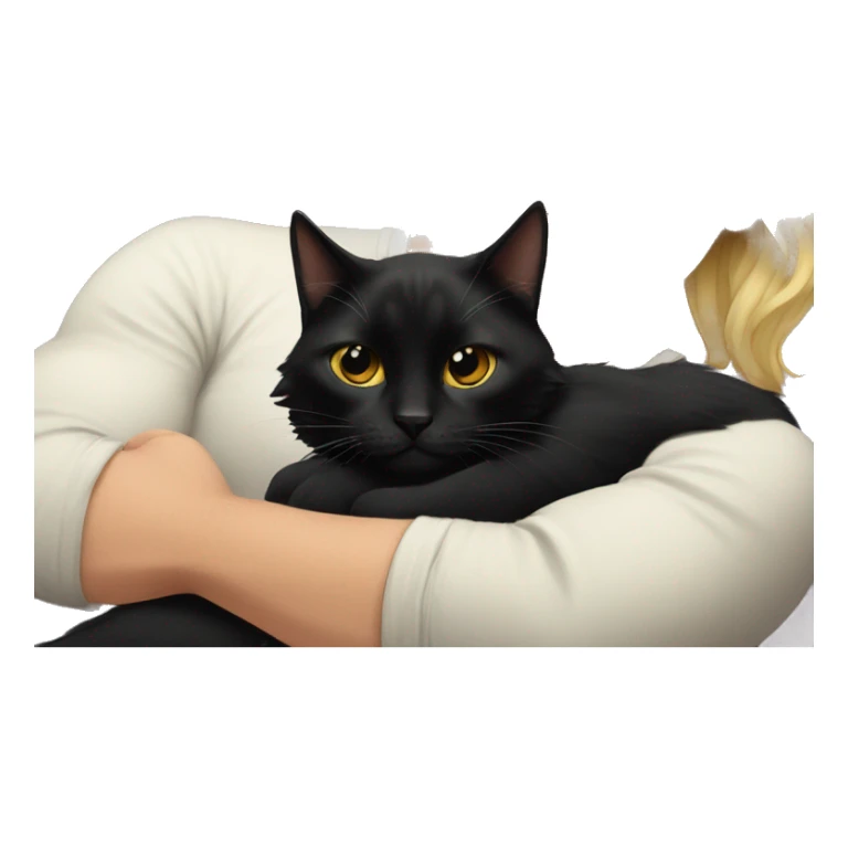 Black cat laying on man with long blonde hair and tattoos  sticker