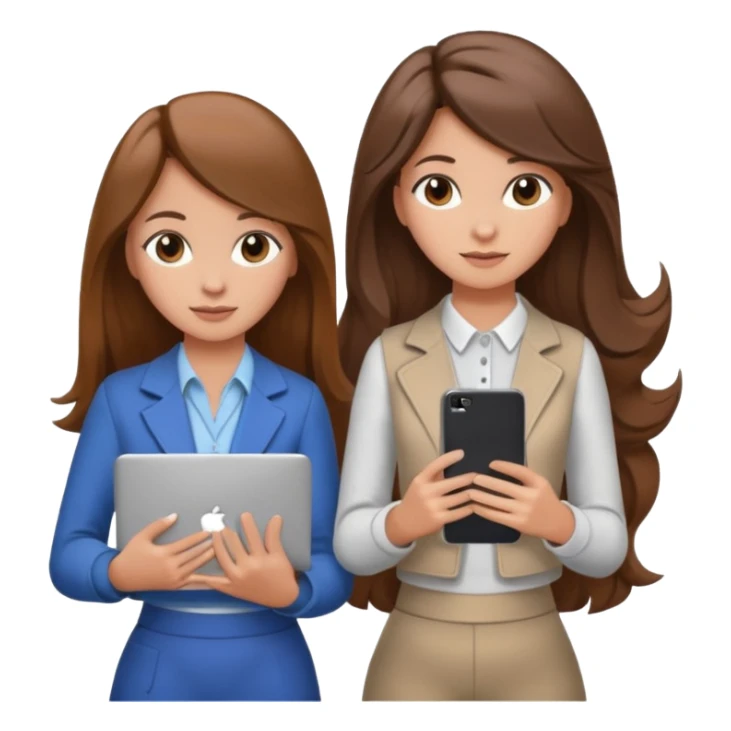 two brown haired girls, looking professional maybe leaned back on back and looking forward and using phones, with longer hair and with some cute clothes without ties, blowout hair, one girl can hold lap top athoer one can hold the phone sticker