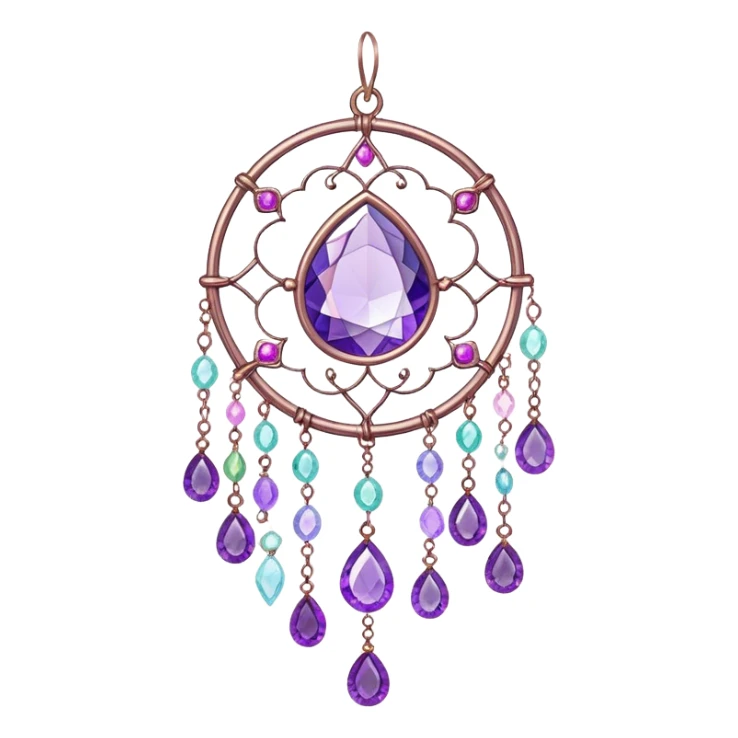 Hanging colorful pastel suncatcher, threads with shiny sparkly iridescent amethyst gemstones,  sticker