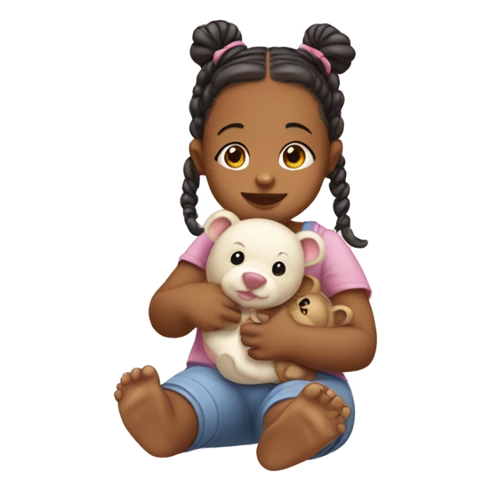 Baby girl with pigtails playing with toy bear sticker