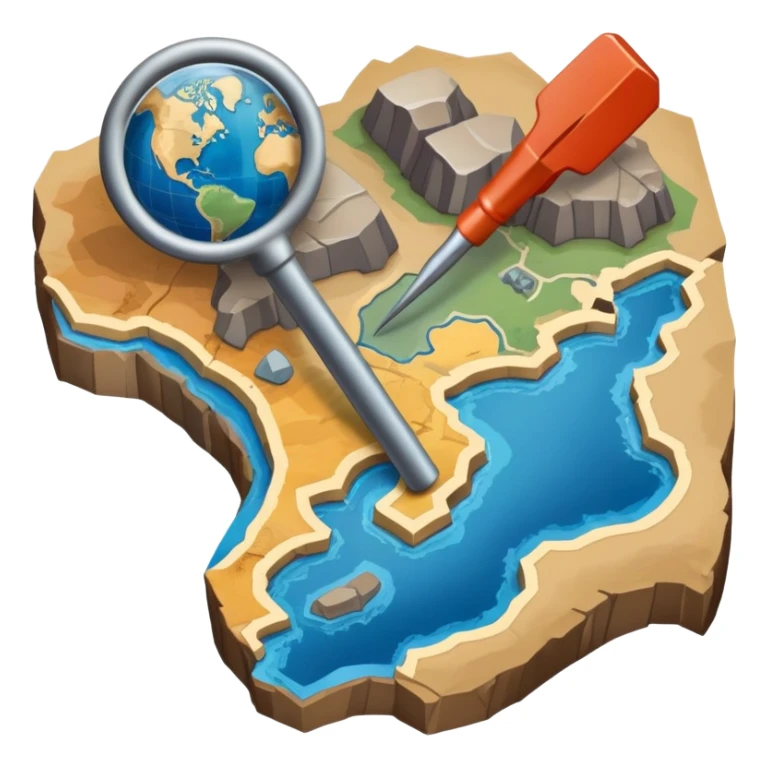 An icon featuring a crowbar and a geological map, and layers of Earth’s crust, symbolizing geology. The design includes mineral samples, fossils, and tectonic plates, representing the study of Earth’s structure and natural processes. Transparent background highlights geological exploration sticker