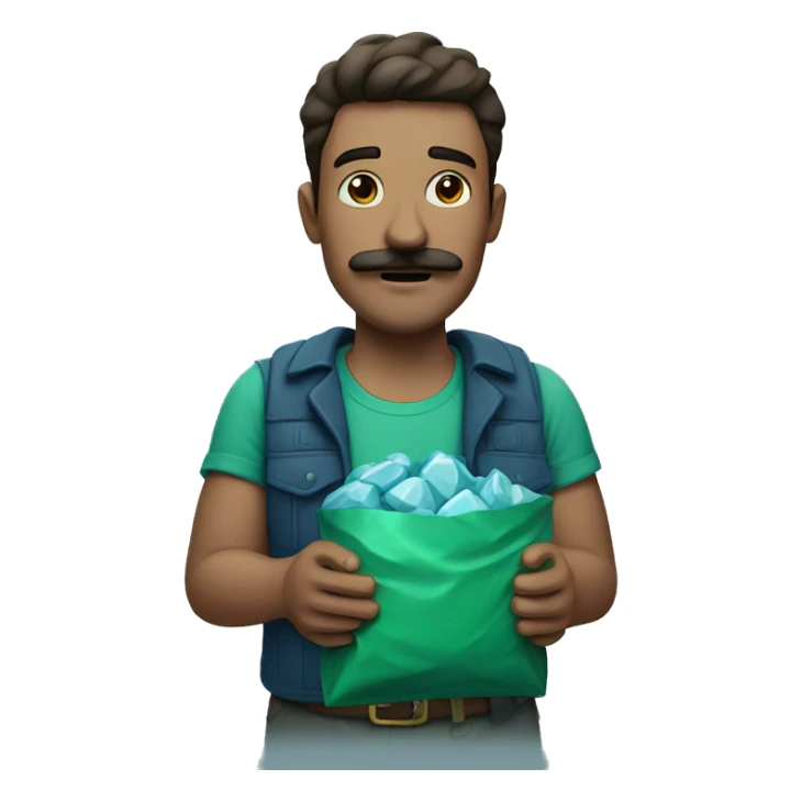 Guy with green shirt and moustache holding a packet of blue rocks  sticker