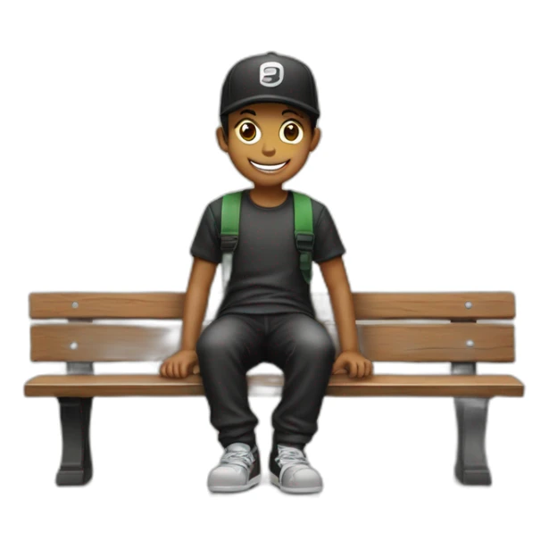 smiling boy,in black , sentado en un banco, con gorra  sticker