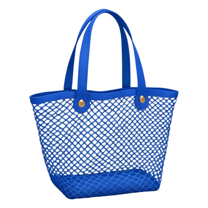 small vibrant blue mesh tote bag emoji, netting texture, simple handles, casual and summery, lightweight look sticker
