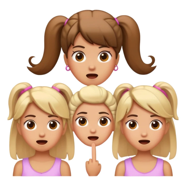 Surprised expression with exclamation mark, then three girl emojis in different hairstyles sticker