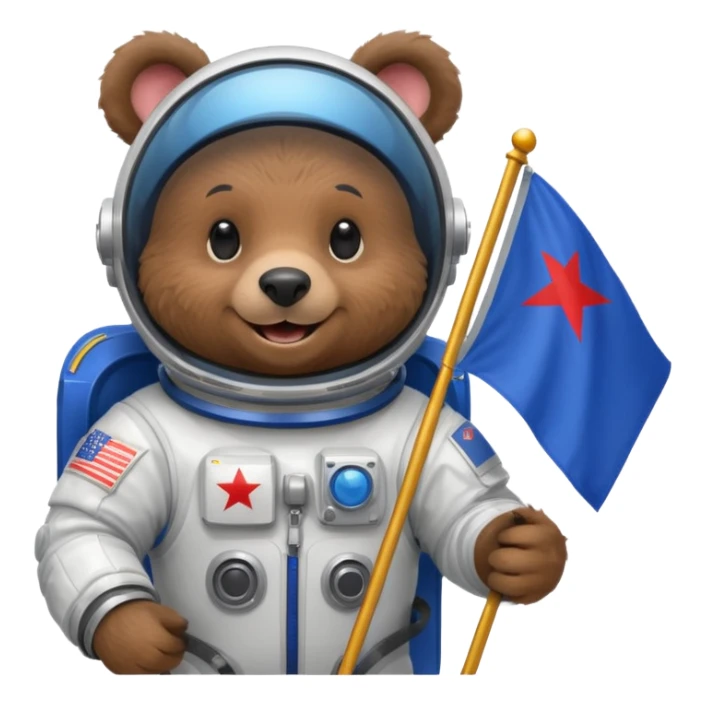 black bear in space suit, holding blue rectangle flag sticker