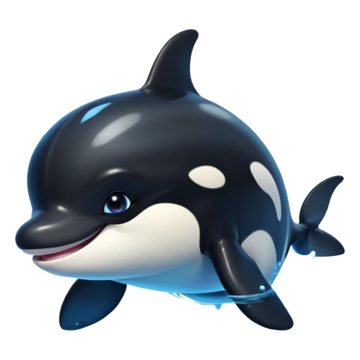 Cinematic Cute orca Portrait Emoji, Head tilted playfully and inquisitively, featuring a smoothly rounded body with bright, sparkling eyes and an adorable, friendly smile, Simplified yet irresistibly adorable features, highly detailed, glowing with a warm, ocean-blue glow, high shine, affectionate and lively, stylized with a touch of whimsical aquatic charm, soft glowing outline, capturing the essence of a mischievous yet endearing orca that seems as if it could leap right into your heart! sticker
