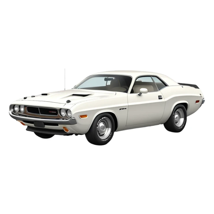 All-white 1971 Dodge Challenger, three-quarter view at 30-degree angle, showing partial front and side, minimalist iOS emoji style, no stripes or decorations, pure white sticker