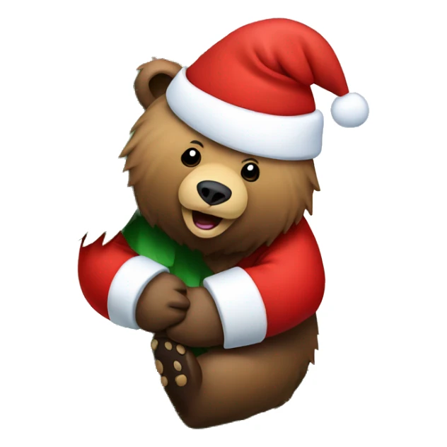 grizzly bear with a santa hat climbing a christmas tree sticker