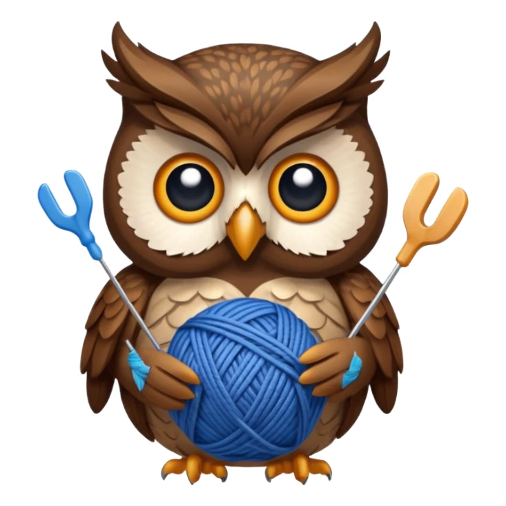 Owl holding blue yarn ball and knitting needles sticker